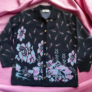 Sears Black Floral Cardigan Sweater